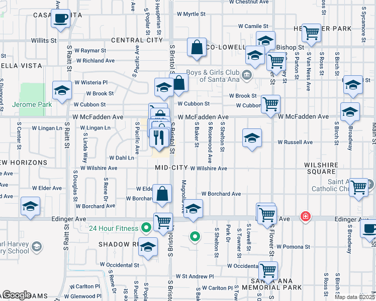 map of restaurants, bars, coffee shops, grocery stores, and more near 1215 Magnolia Avenue in Santa Ana