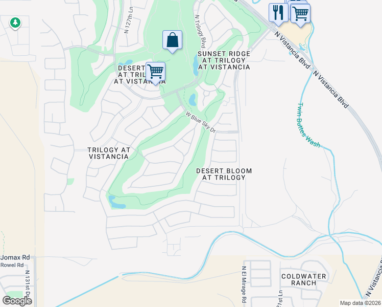map of restaurants, bars, coffee shops, grocery stores, and more near 27547 North 125th Drive in Peoria
