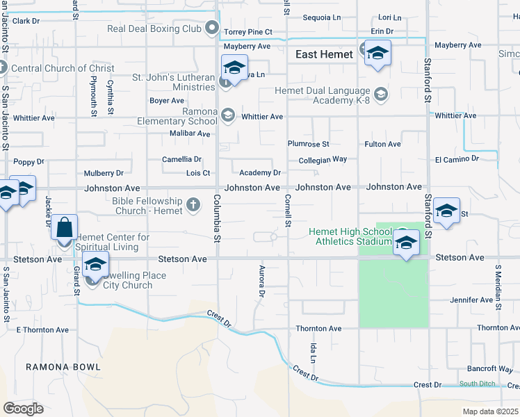map of restaurants, bars, coffee shops, grocery stores, and more near 41165 Sunset Lane in Hemet