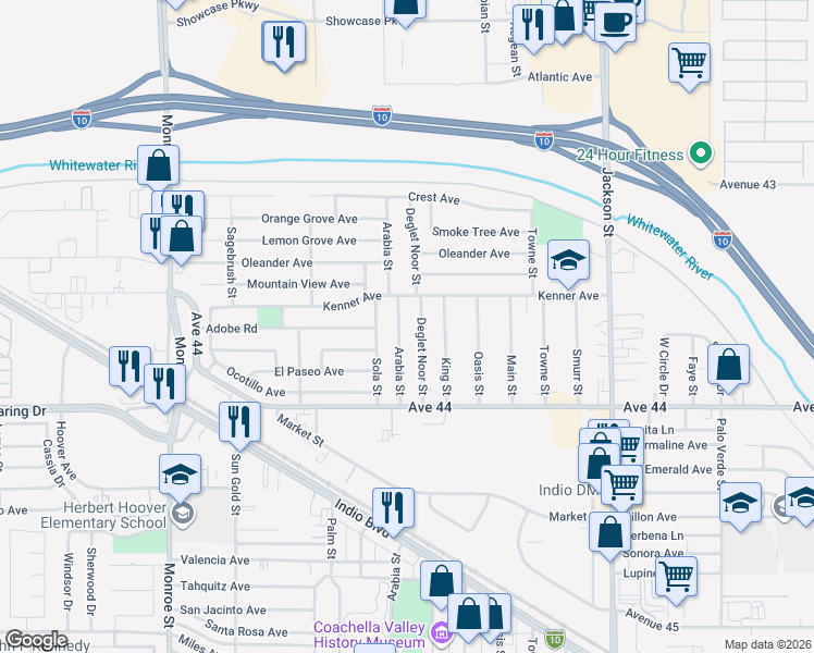 map of restaurants, bars, coffee shops, grocery stores, and more near 43572 Arabia Street in Indio