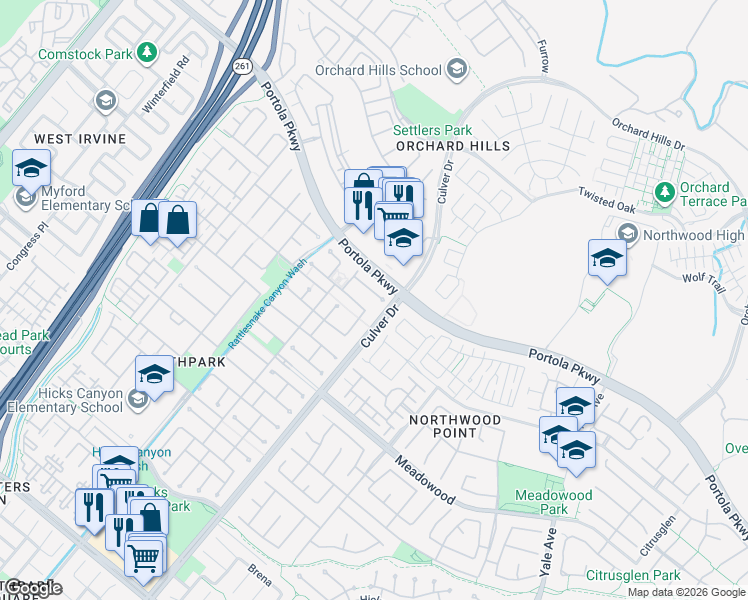 map of restaurants, bars, coffee shops, grocery stores, and more near 8 Upland in Irvine