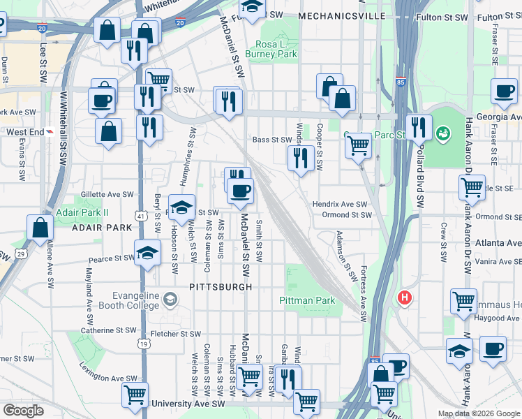 map of restaurants, bars, coffee shops, grocery stores, and more near 840 Smith Street Southwest in Atlanta