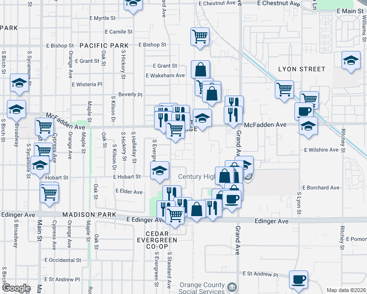 map of restaurants, bars, coffee shops, grocery stores, and more near 1323 South Standard Avenue in Santa Ana