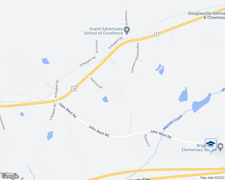 map of restaurants, bars, coffee shops, grocery stores, and more near 2595 Hamrick Road in Douglasville