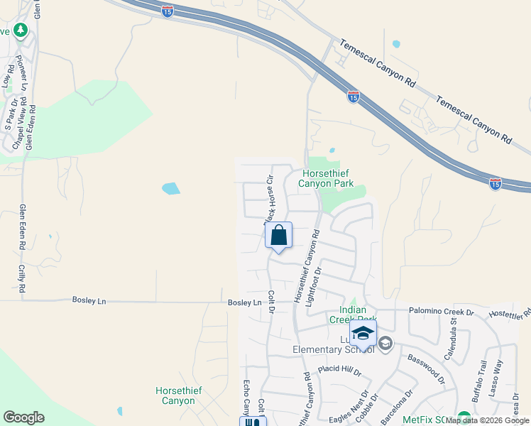 map of restaurants, bars, coffee shops, grocery stores, and more near 13100 Red Corral Drive in Corona