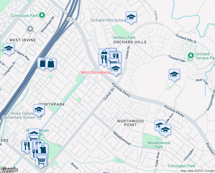 map of restaurants, bars, coffee shops, grocery stores, and more near 8 Upland in Irvine