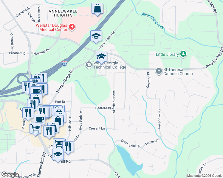 map of restaurants, bars, coffee shops, grocery stores, and more near 2705 Timber Valley Drive in Douglasville