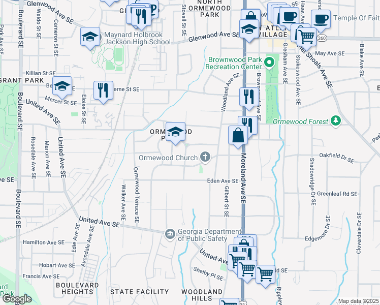 map of restaurants, bars, coffee shops, grocery stores, and more near 818 Eastwood Avenue Southeast in Atlanta