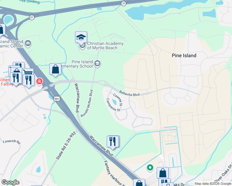map of restaurants, bars, coffee shops, grocery stores, and more near 313 Casena Street in Myrtle Beach
