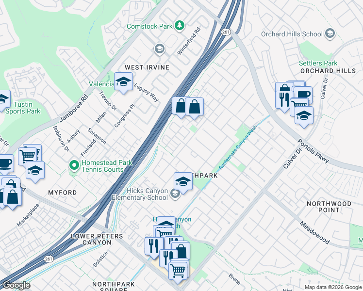 map of restaurants, bars, coffee shops, grocery stores, and more near 22 Apple Valley in Irvine