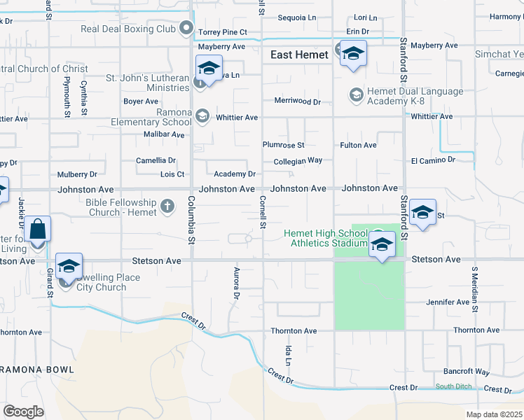 map of restaurants, bars, coffee shops, grocery stores, and more near 26871 Cornell Street in Hemet