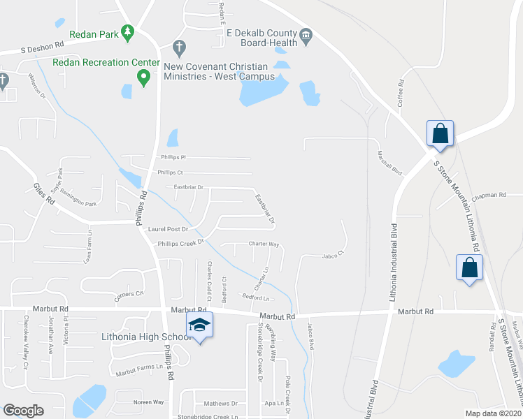 map of restaurants, bars, coffee shops, grocery stores, and more near 6510 Eastbriar Drive in Lithonia
