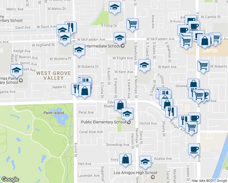 map of restaurants, bars, coffee shops, grocery stores, and more near 1202 South Harmon Street in Santa Ana