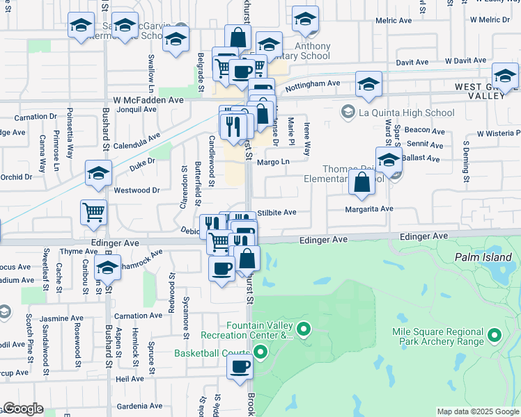 map of restaurants, bars, coffee shops, grocery stores, and more near 10043 Stilbite Avenue in Fountain Valley