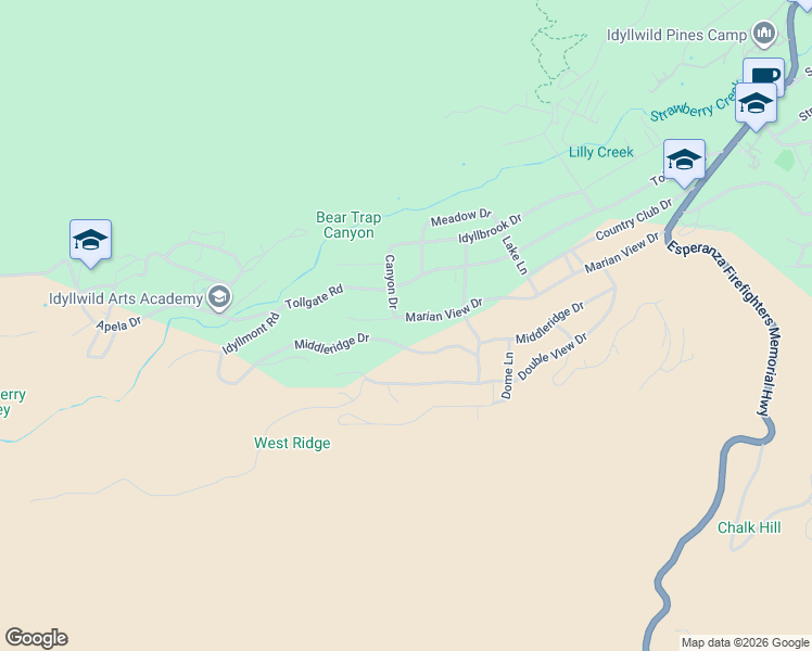 map of restaurants, bars, coffee shops, grocery stores, and more near 53205 Marian View Drive in Idyllwild-Pine Cove
