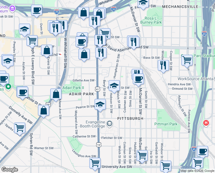map of restaurants, bars, coffee shops, grocery stores, and more near 575 Rockwell Street Southwest in Atlanta