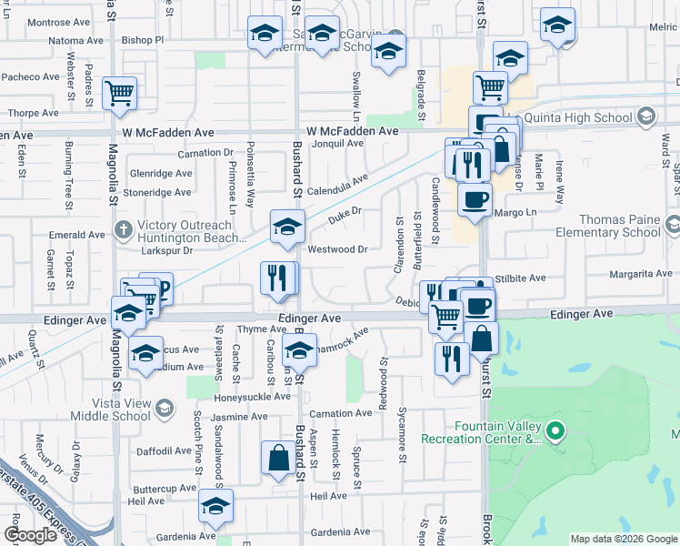 map of restaurants, bars, coffee shops, grocery stores, and more near 9614 Newfame Circle in Fountain Valley