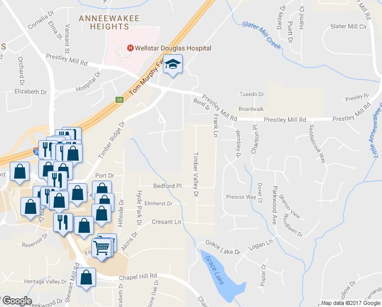 map of restaurants, bars, coffee shops, grocery stores, and more near 2705 Timber Valley Drive in Douglasville