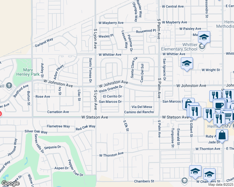 map of restaurants, bars, coffee shops, grocery stores, and more near 969 Santa Victoria Street in Hemet
