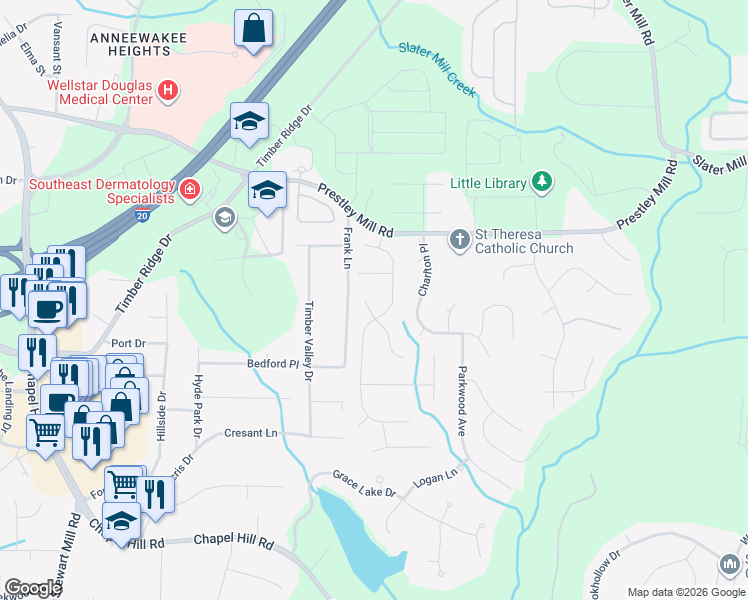 map of restaurants, bars, coffee shops, grocery stores, and more near 9196 Brixton Court in Douglasville
