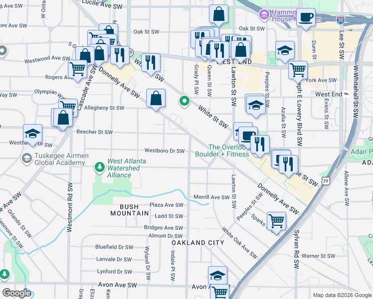 map of restaurants, bars, coffee shops, grocery stores, and more near 839 Oakland Drive Southwest in Atlanta