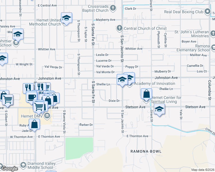 map of restaurants, bars, coffee shops, grocery stores, and more near 1081 Shellie Lane in Hemet