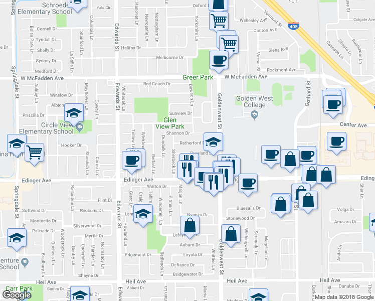 map of restaurants, bars, coffee shops, grocery stores, and more near 6831 Breeland Drive in Huntington Beach