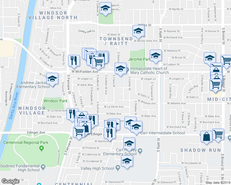 map of restaurants, bars, coffee shops, grocery stores, and more near 2325 West Dahl Lane in Santa Ana