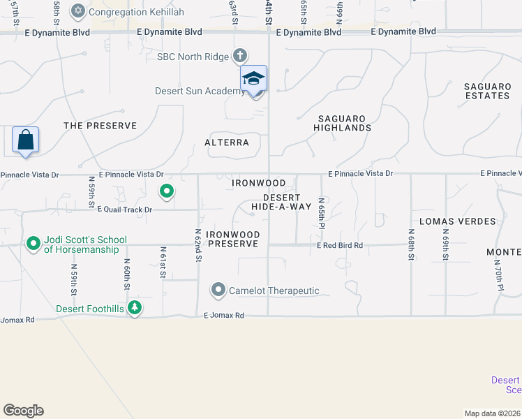 map of restaurants, bars, coffee shops, grocery stores, and more near 6392 East Quail Track in Scottsdale