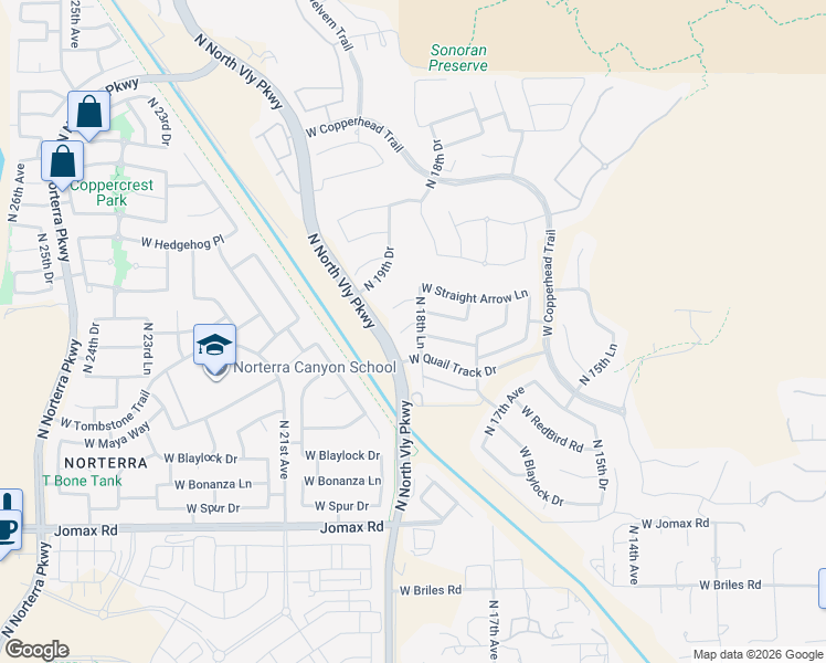 map of restaurants, bars, coffee shops, grocery stores, and more near 1845 West Buckhorn Trail in Phoenix