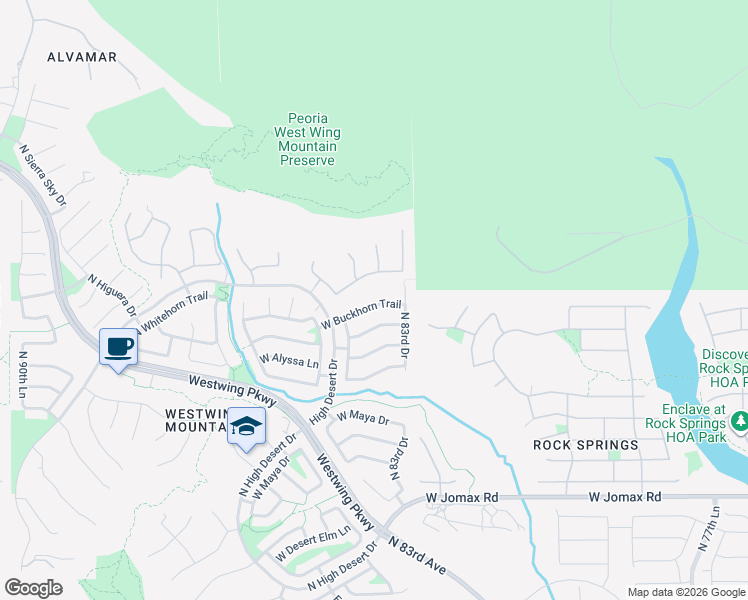 map of restaurants, bars, coffee shops, grocery stores, and more near 8356 West Buckhorn Trail in Peoria