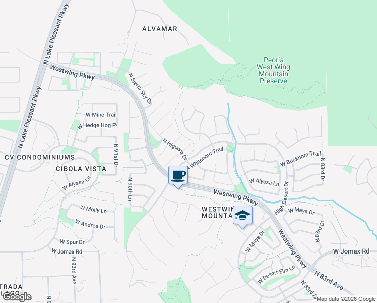 map of restaurants, bars, coffee shops, grocery stores, and more near West Wing Mountain Trail in Peoria