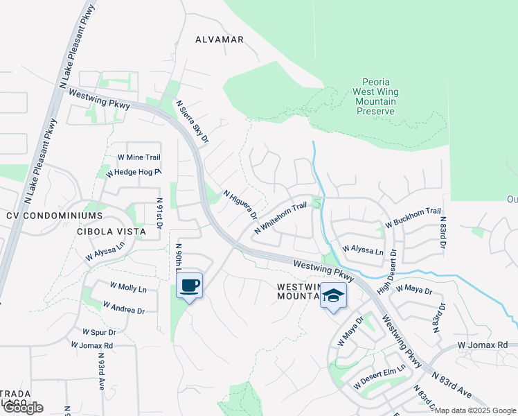 map of restaurants, bars, coffee shops, grocery stores, and more near West Wing Mountain Trail in Peoria