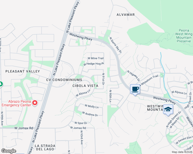 map of restaurants, bars, coffee shops, grocery stores, and more near 27355 North 91st Lane in Peoria