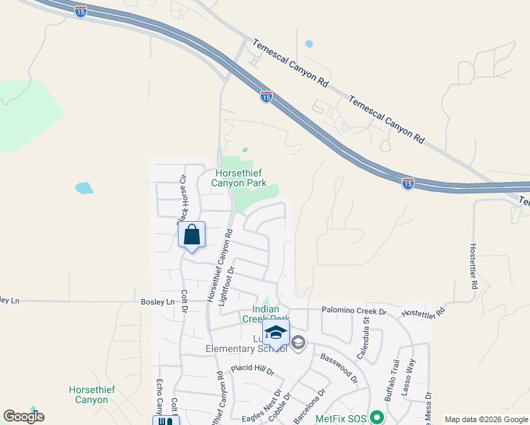 map of restaurants, bars, coffee shops, grocery stores, and more near 26681 Dry Falls Drive in Corona