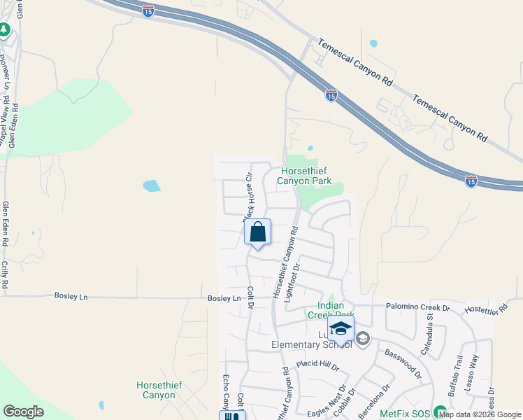 map of restaurants, bars, coffee shops, grocery stores, and more near 26697 Colt Drive in Corona