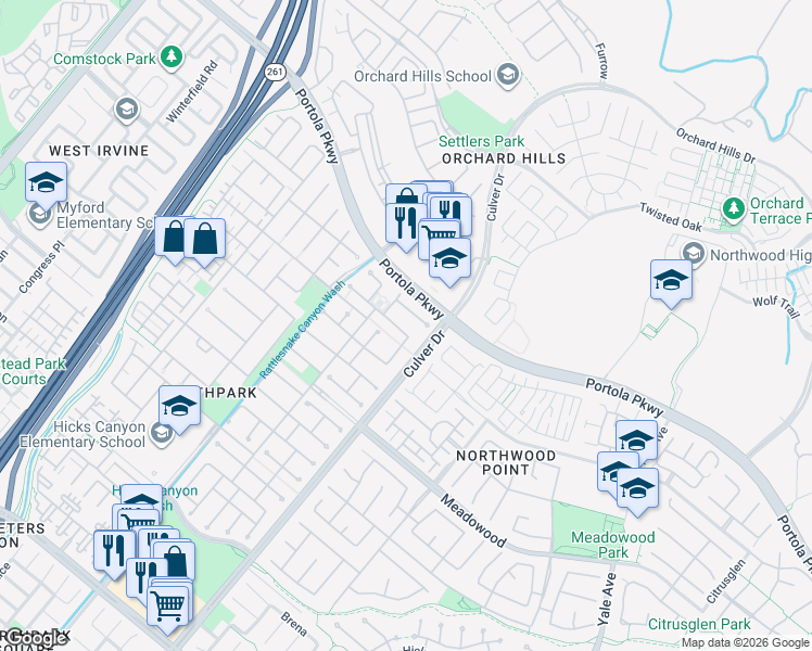 map of restaurants, bars, coffee shops, grocery stores, and more near 11 Monrovia in Irvine