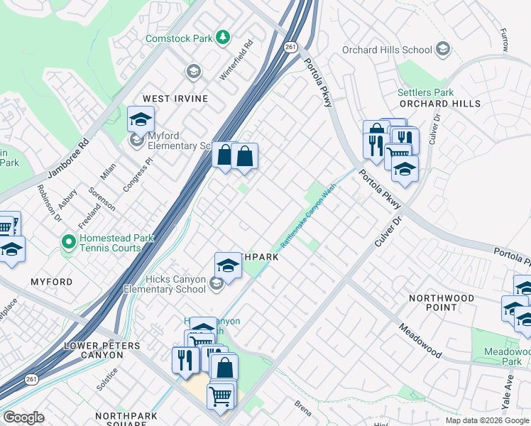 map of restaurants, bars, coffee shops, grocery stores, and more near 27 Paso Robles in Irvine