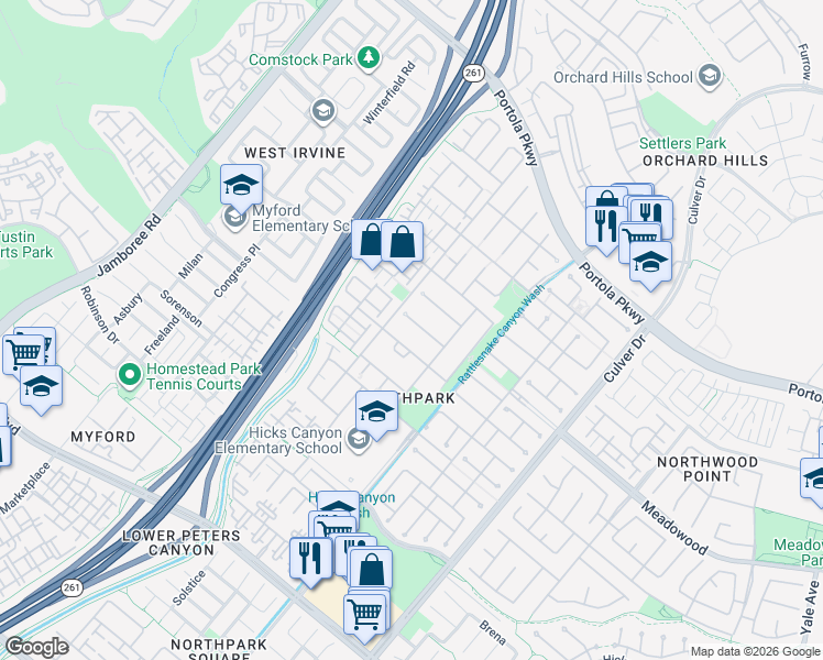 map of restaurants, bars, coffee shops, grocery stores, and more near 10 Buellton in Irvine