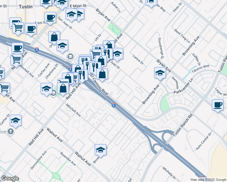 map of restaurants, bars, coffee shops, grocery stores, and more near 1730 El Camino Real in Tustin
