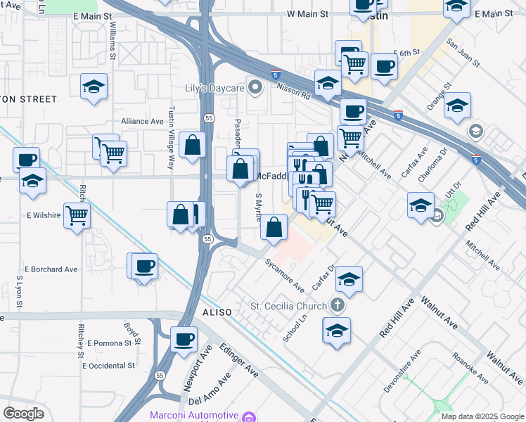 map of restaurants, bars, coffee shops, grocery stores, and more near 15921 South Myrtle Avenue in Tustin
