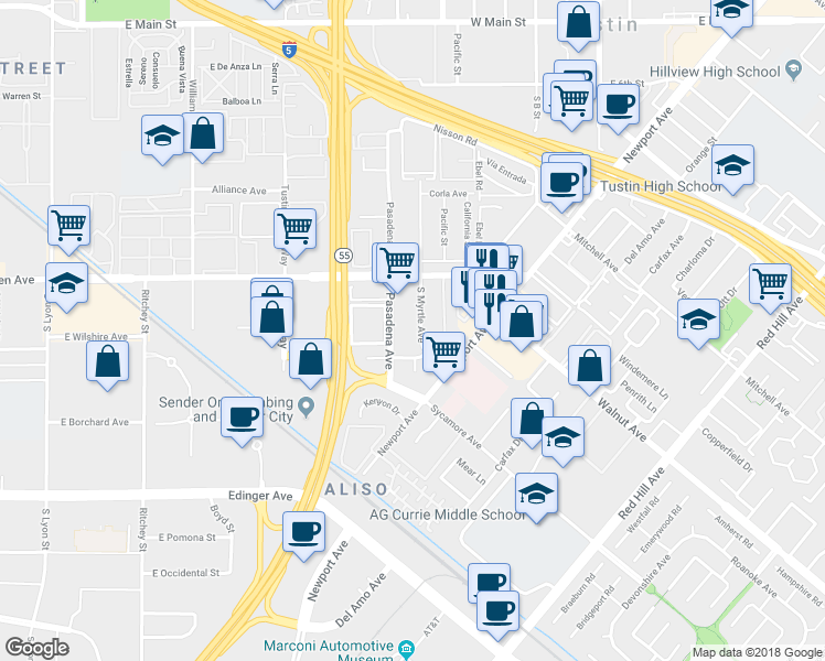 map of restaurants, bars, coffee shops, grocery stores, and more near 15921 South Myrtle Avenue in Tustin