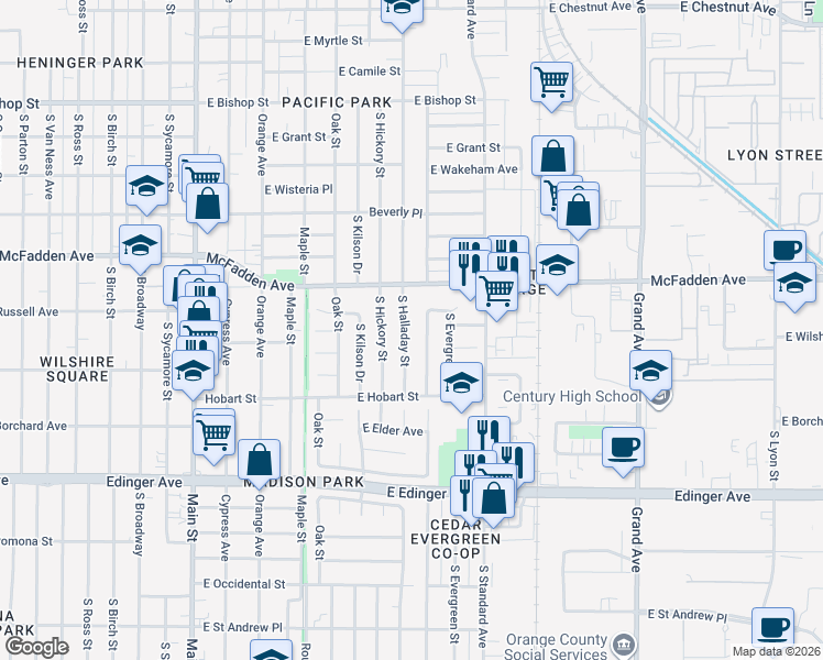 map of restaurants, bars, coffee shops, grocery stores, and more near 1241 South Halladay Street in Santa Ana