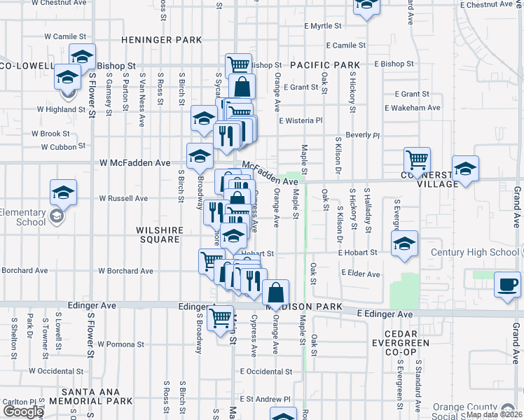 map of restaurants, bars, coffee shops, grocery stores, and more near 1242 Orange Avenue in Santa Ana