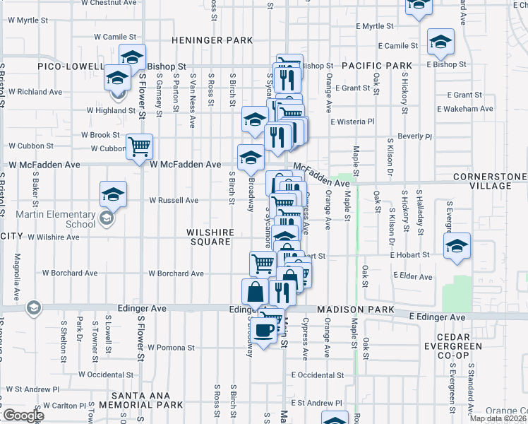 map of restaurants, bars, coffee shops, grocery stores, and more near 1217 South Sycamore Street in Santa Ana