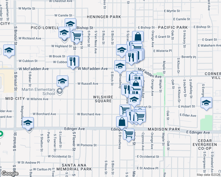 map of restaurants, bars, coffee shops, grocery stores, and more near 1218 South Birch Street in Santa Ana