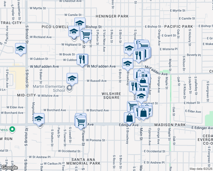 map of restaurants, bars, coffee shops, grocery stores, and more near 1217 South Van Ness Avenue in Santa Ana