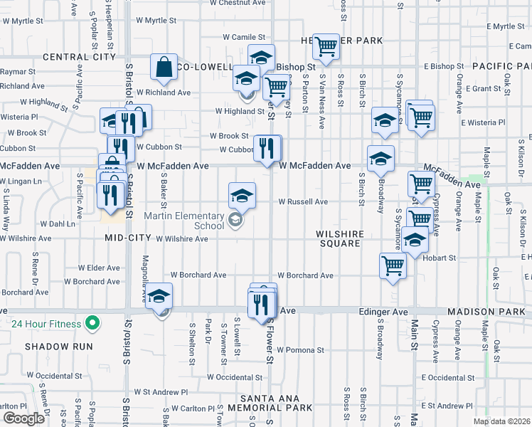 map of restaurants, bars, coffee shops, grocery stores, and more near 939 West Wilshire Avenue in Santa Ana