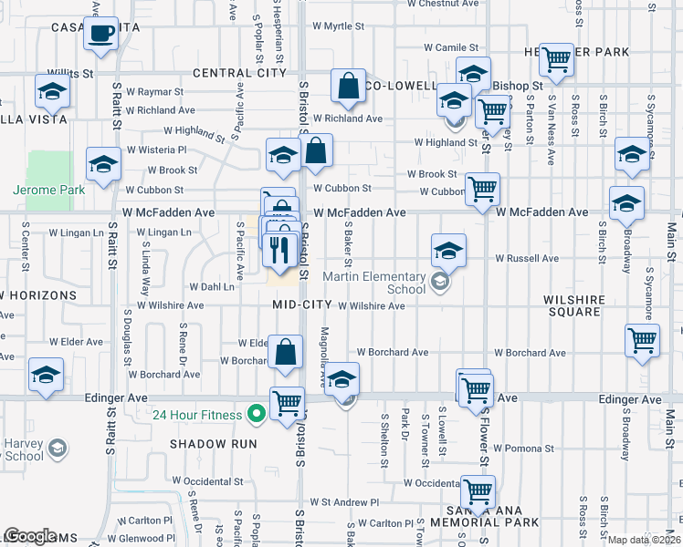 map of restaurants, bars, coffee shops, grocery stores, and more near 1215 Magnolia Avenue in Santa Ana