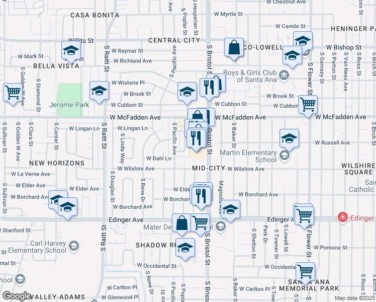 map of restaurants, bars, coffee shops, grocery stores, and more near 1212 South Bristol Street in Santa Ana